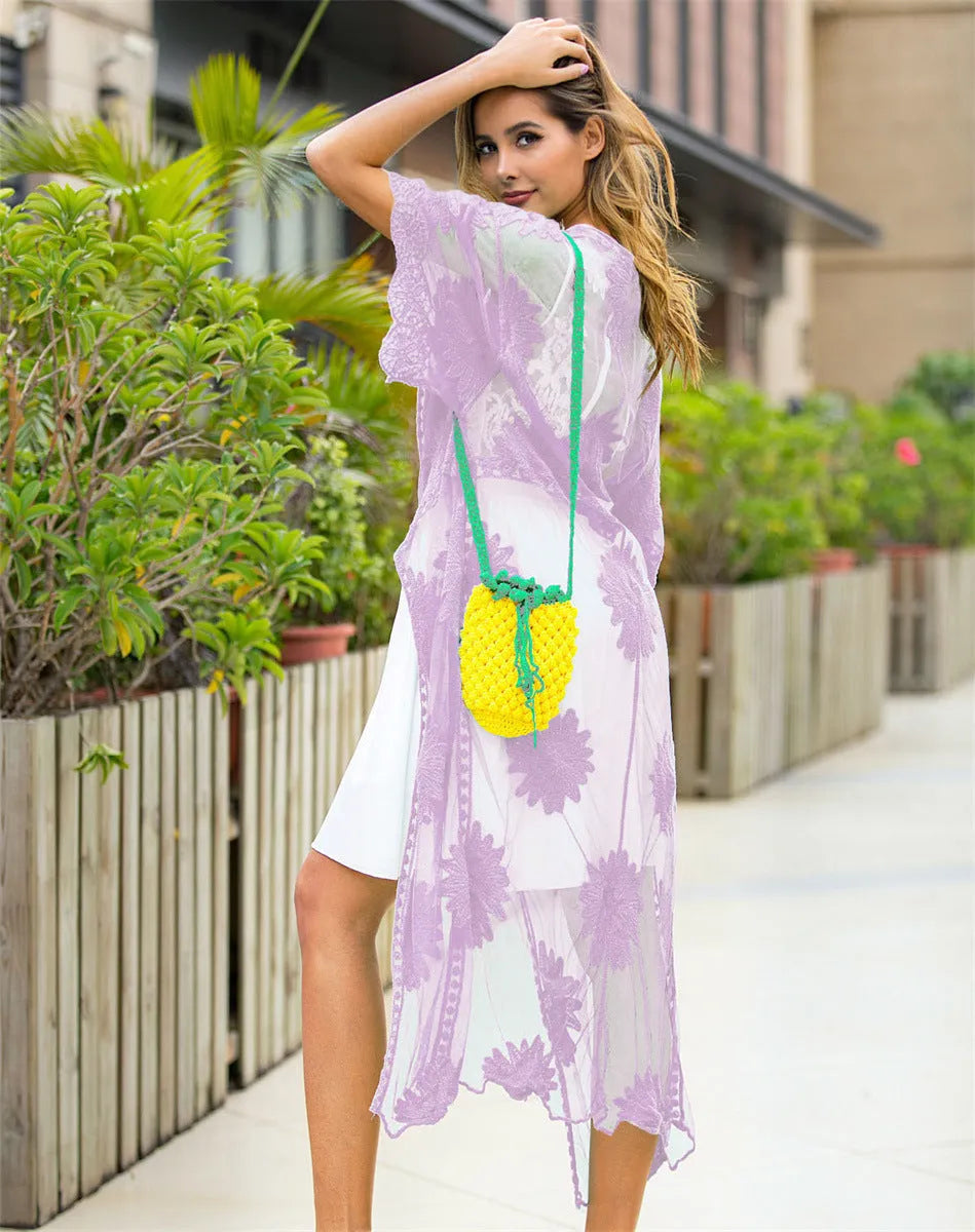 Light purple beachwear dress cardigan for women, a swimsuit cover-up in free size with cotton lining.