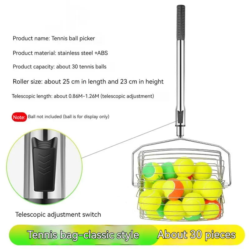 Stainless steel adjustable tennis ball picker roller for collecting tennis balls on court