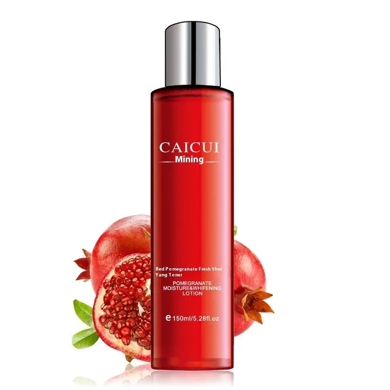 Pomegranate skincare set with four red bottles: face wash, toner, lotion and facial cream
