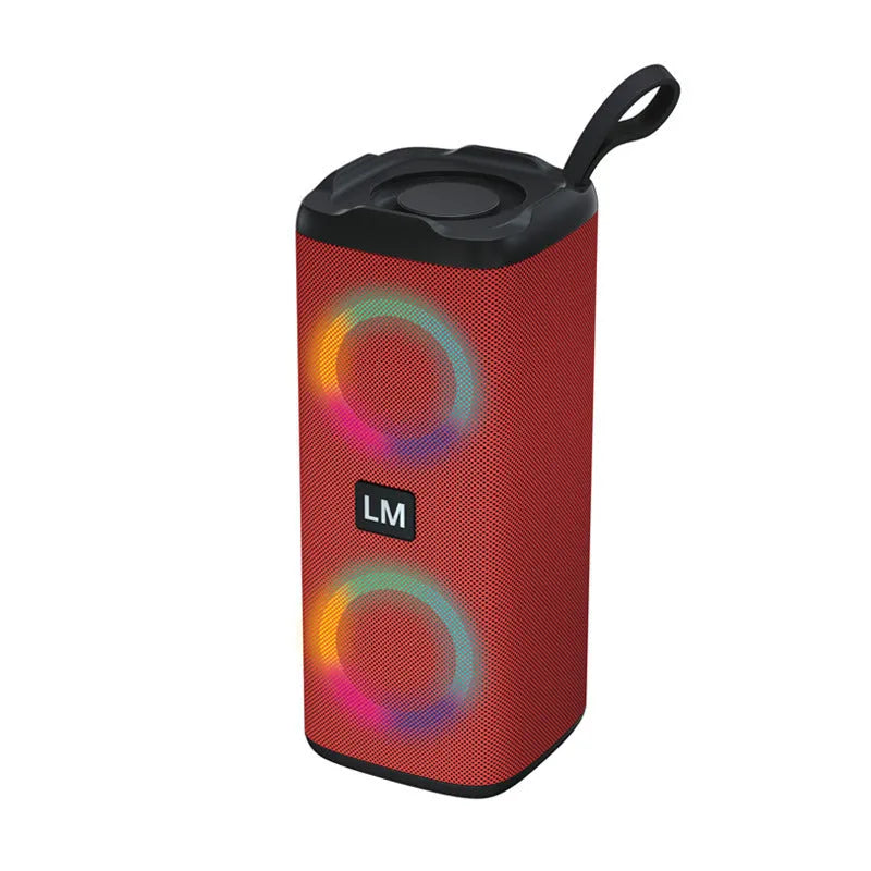 Bluetooth portable speaker with dazzling light effects, water-resistant plastic body, 76x73x186mm, available in black