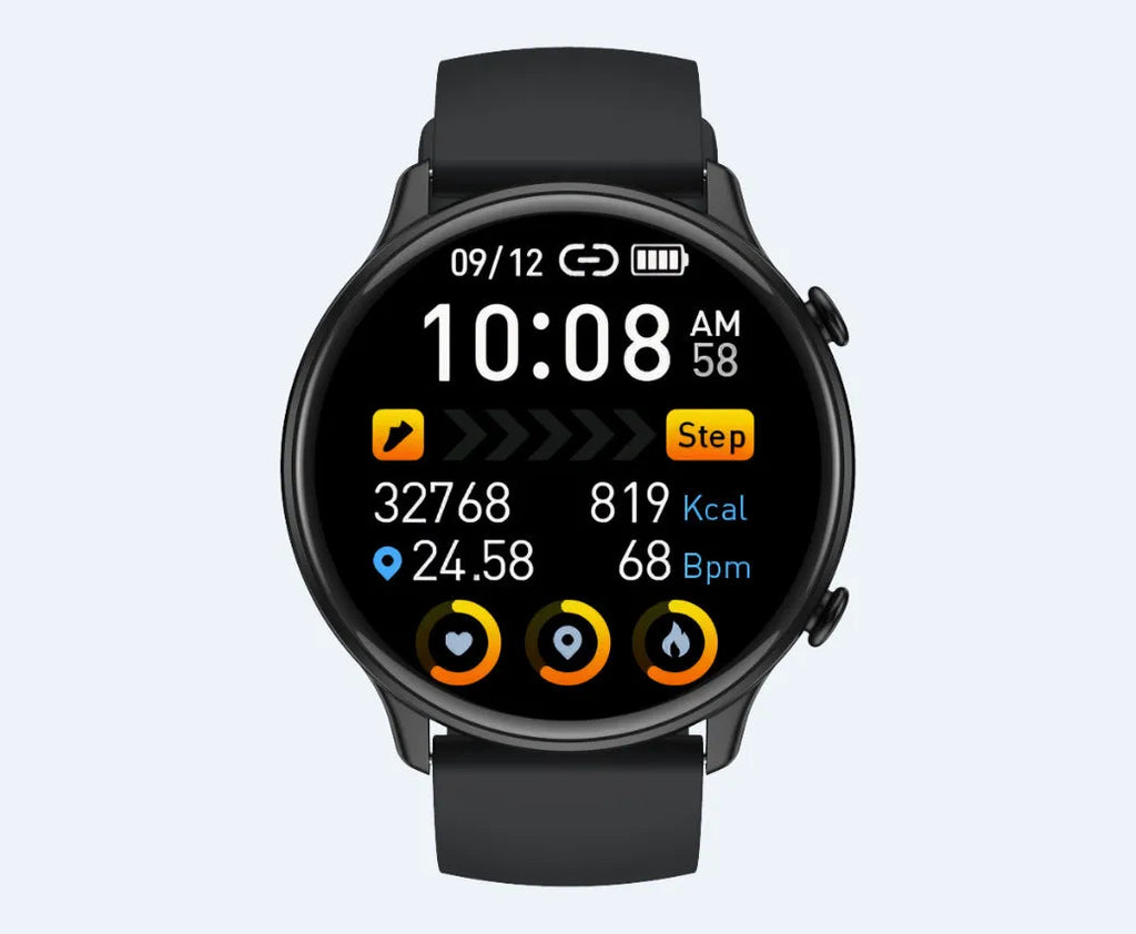 Round touch screen smart sports watch with silicone strap showing heart rate display