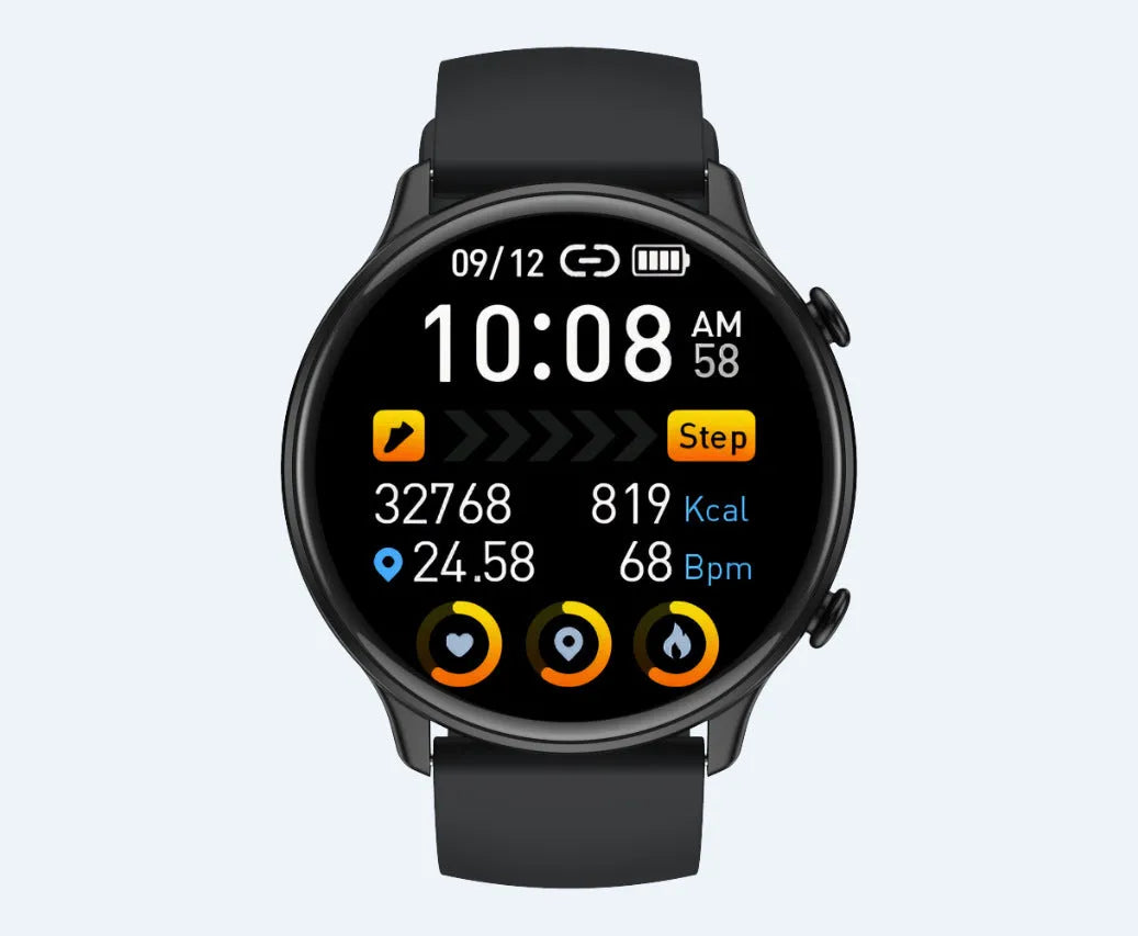 Round touch screen smart sports watch with silicone strap showing heart rate display