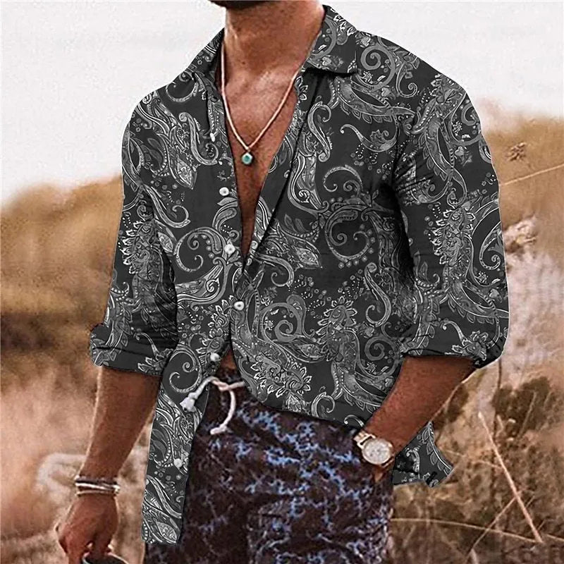 Men's bohemian floral pattern shirt with 3D printing and long sleeves