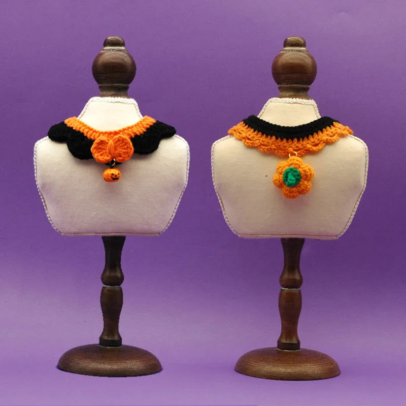 Hand crocheted wool pet collar in pumpkin colours with adjustable sizing for Halloween photography
