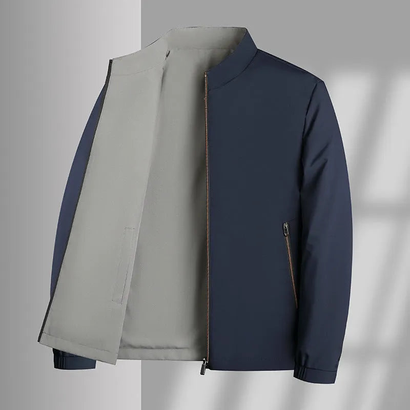 Men's double-sided stand collar windproof jacket in polyester, loose fit, available in black, navy, khaki and red, sizes M-4XL.