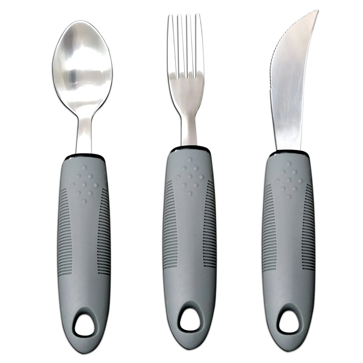 Anti-shake adaptive tableware set with stainless steel utensils and rubber handle grips