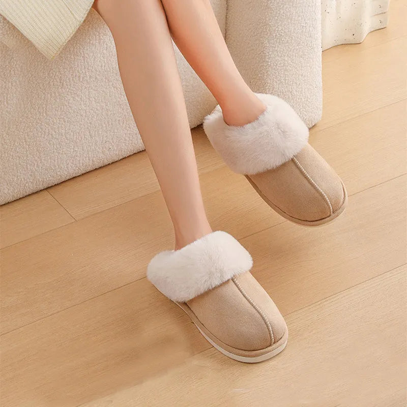Women's plush indoor slippers with round toe, flat heel, and anti-slip PVC sole in five colour options