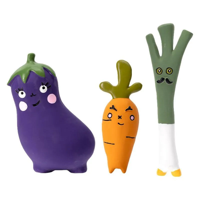 Latex vegetable dog chew toys with cartoon onion and eggplant designs