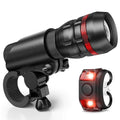 Bicycle headlight and taillight set with mounting bracket on a bike handlebar.