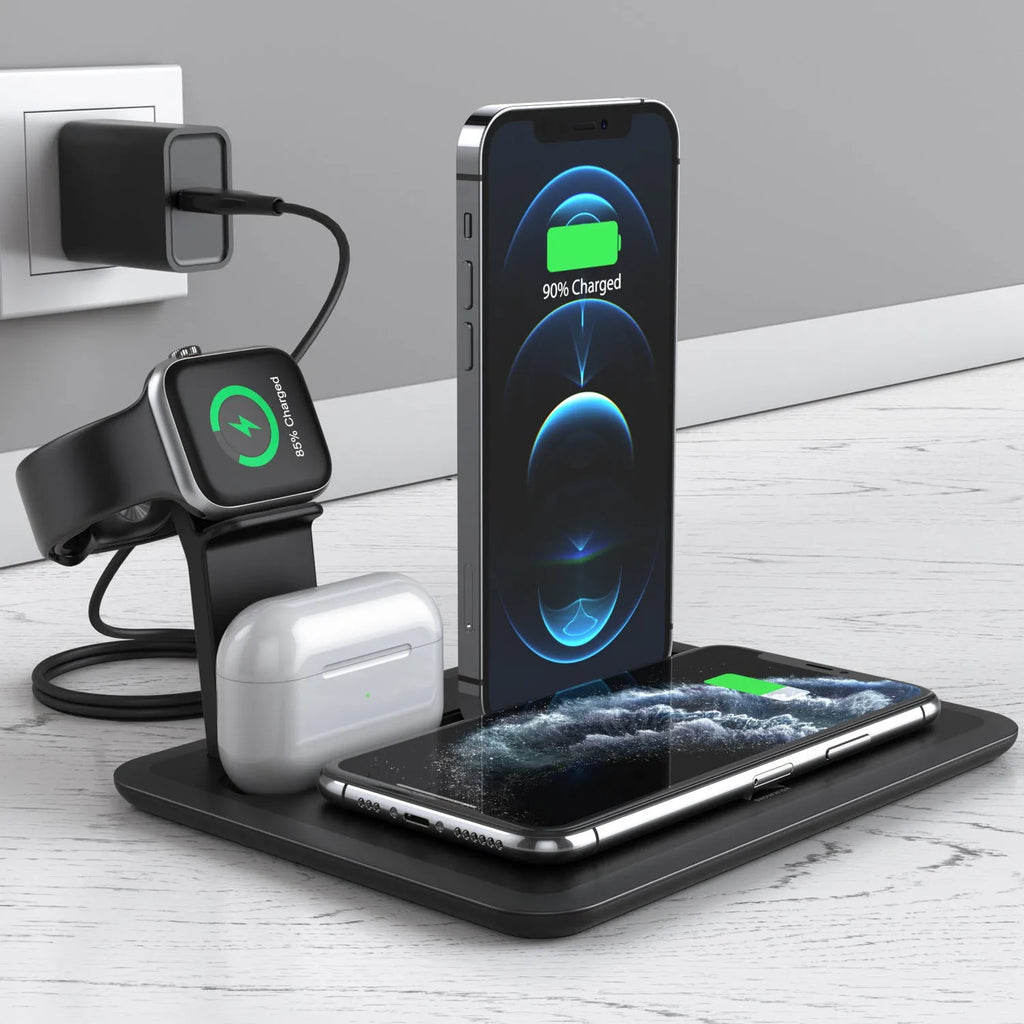 Black or white desktop wireless charging station bracket for phones, headphones and watches