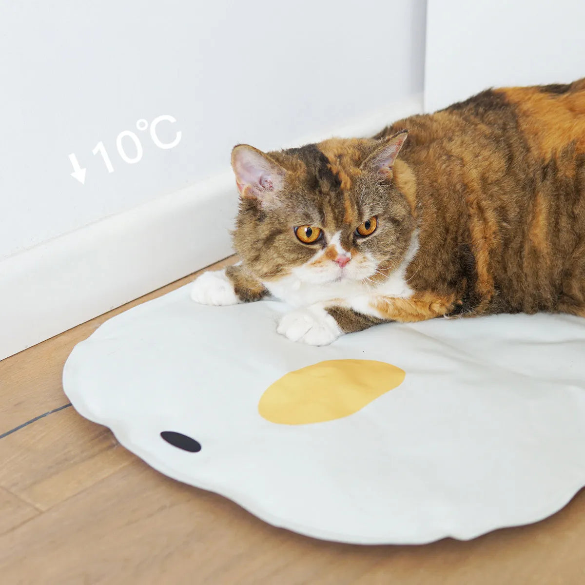 Washable chick-pattern pet cooling mat for dogs and cats on a floor
