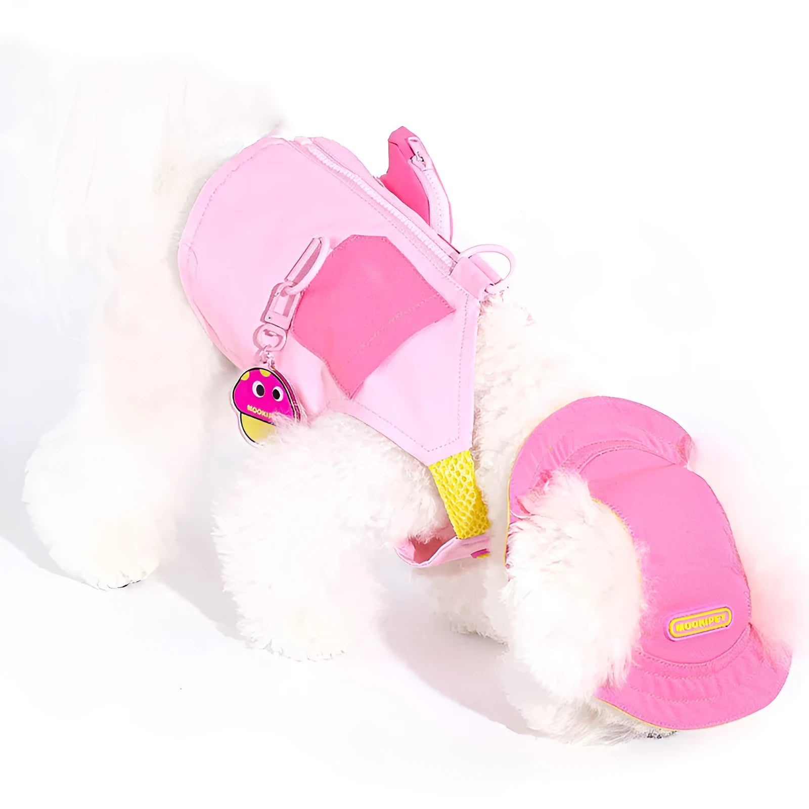 Pink polyester vest harness for small breed dogs on Bichon Frise or Teddy dog