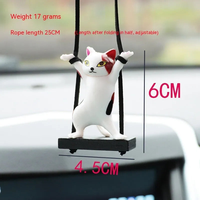 Resin cartoon cat pendant for car interior decoration with adjustable rope, shown in multiple colour options.