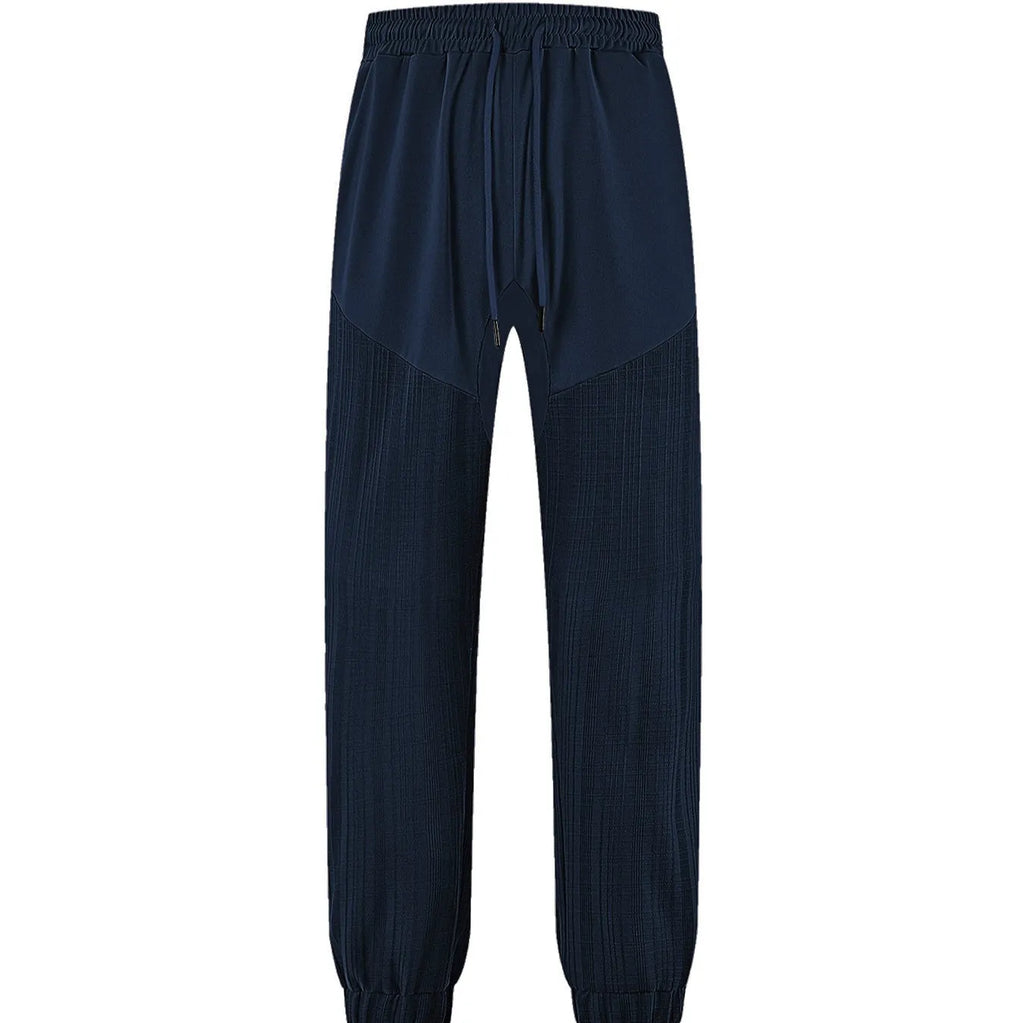 Men's Loose Thin Linen-Style Sporty Drawstring Patchwork Sweatpants with Stripes, Available in Navy Blue, Black, Khaki, White, Light Blue, Wine Red, Heather Gray, for Casual Summer Wear Mid-Rise Elasticated Waist with Belt