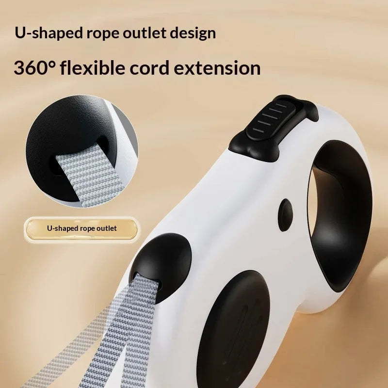 Automatic retractable dog leash with 5m black cord, ABS plastic housing, and anti-slip handle for walking