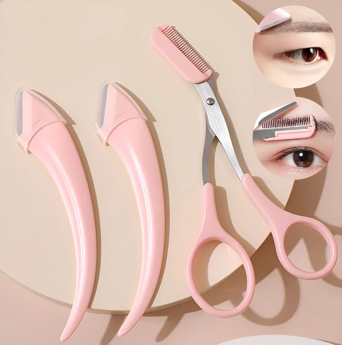 White eyebrow trimming knife with curved comb stainless steel blade plastic handle beauty tool