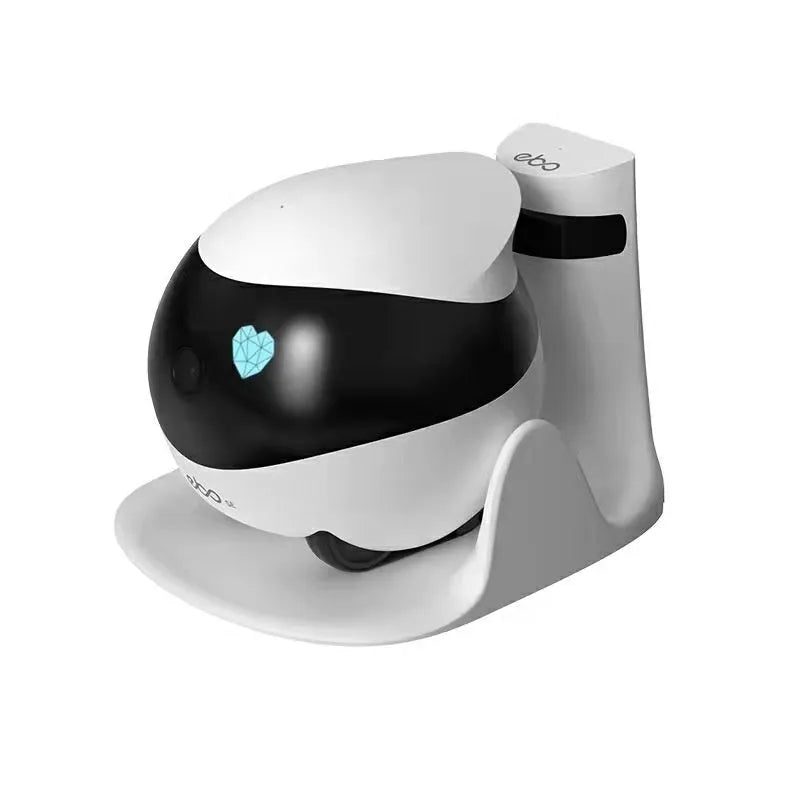 White smart mobile surveillance robot camera with automatic docking station on a floor.