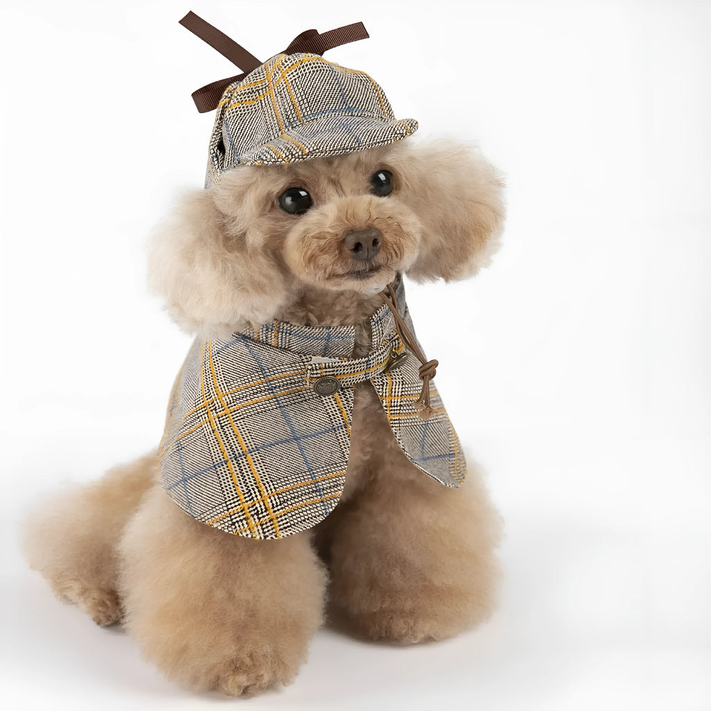 Camel-coloured cotton cloak pet clothes with an adjustable hat, shown on a mannequin.