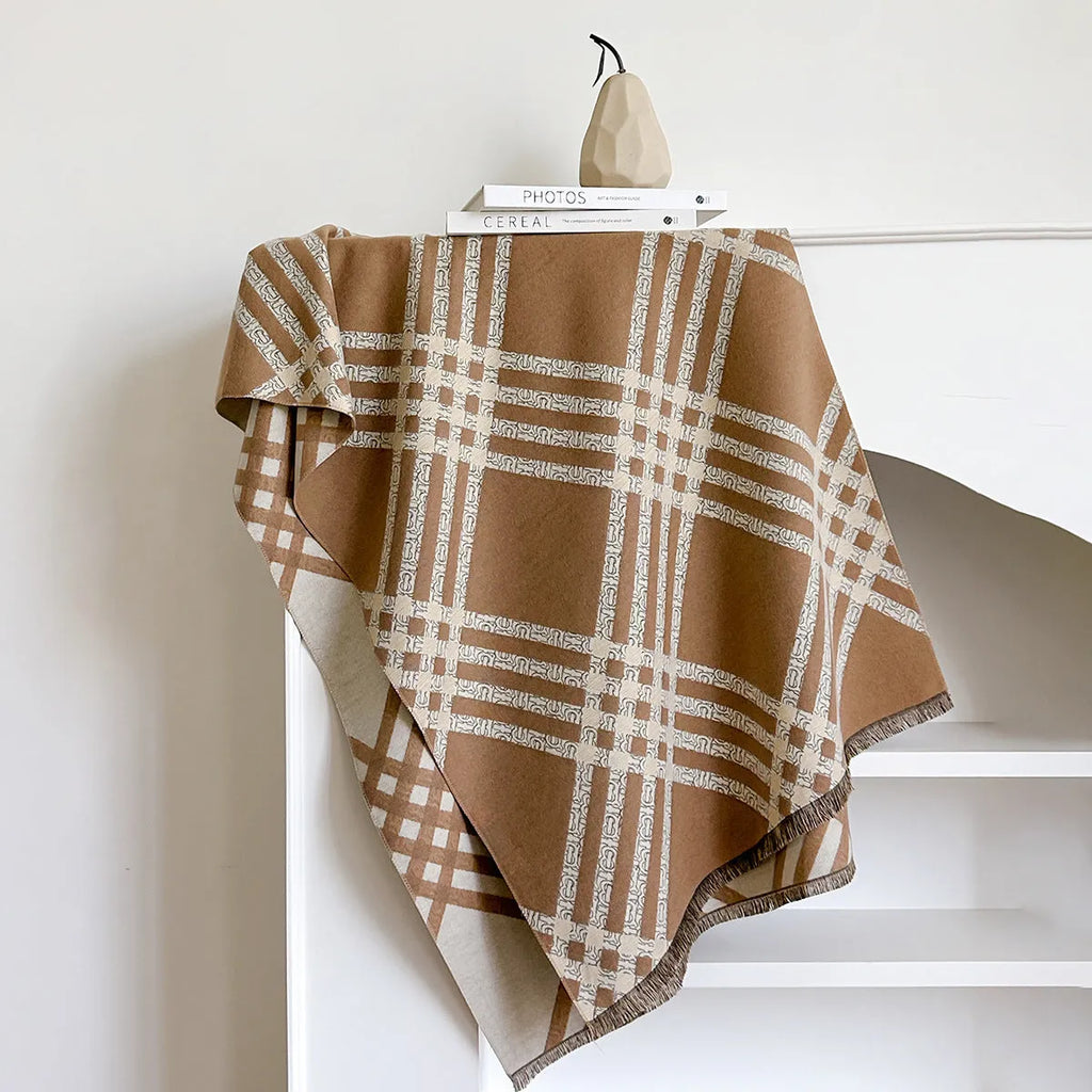 Qianjin imitation cashmere winter scarf with tassels in brown colour showing 185cm length
