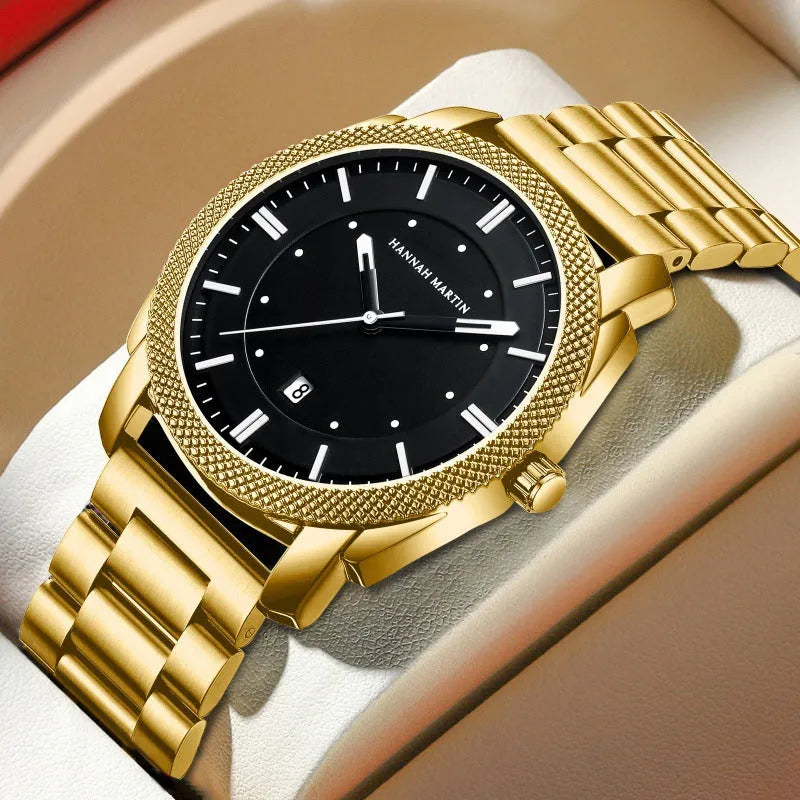 Men's stainless steel waterproof quartz watch with 40mm circular dial and mineral glass on white background