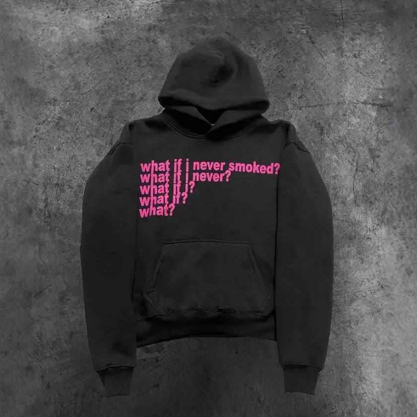 Black hooded sweater with white letter print graphic design on front