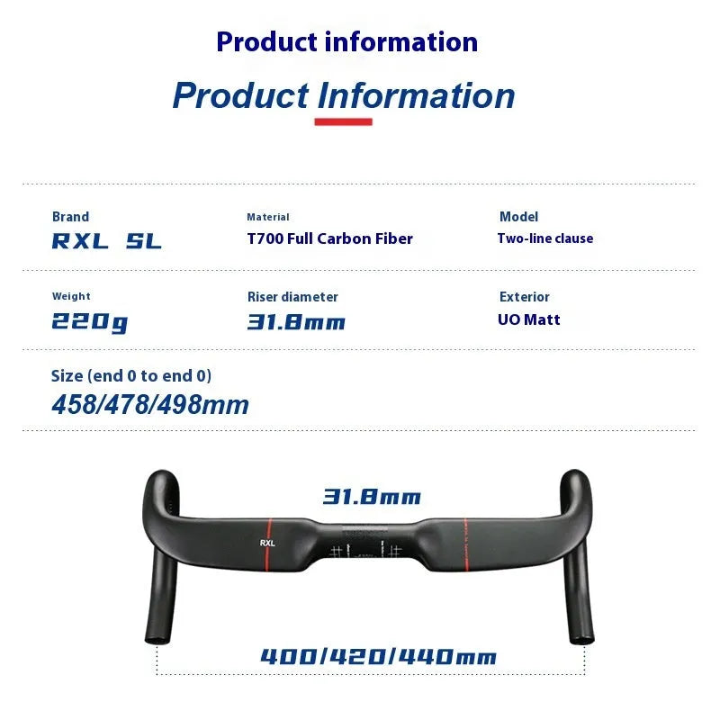 Carbon fibre road bicycle handlebar with double line graphics in black or red, showing 400mm, 420mm, 440mm width options.