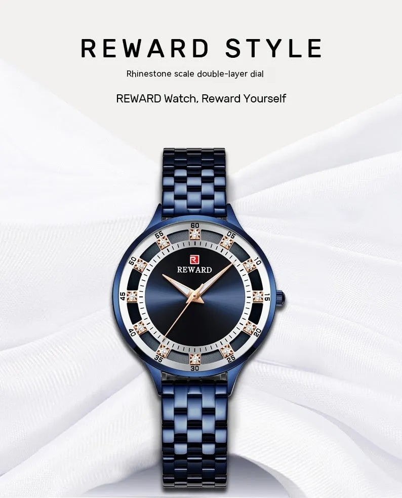 Women's quartz watch with steel belt, diamond detail, 8mm thickness, blue shell or rose shell or gold finish