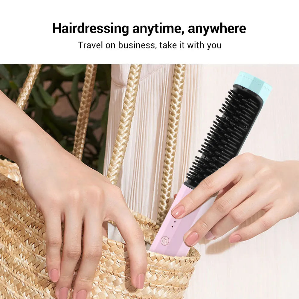 Cordless straightening comb in pink or purple, rechargeable hair brush with anti-scald comb and USB cable, 23cm long
