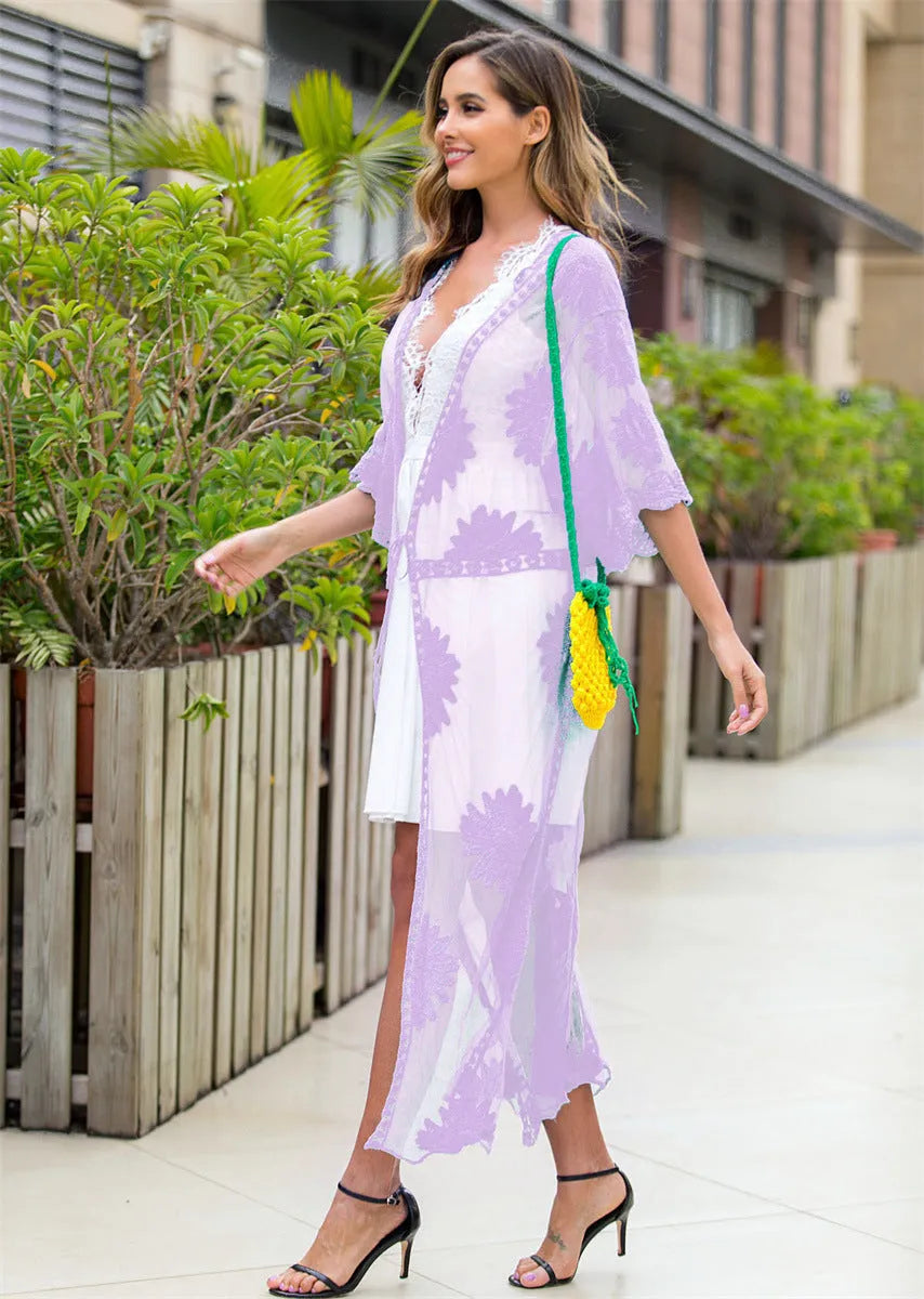 Light purple beachwear dress cardigan for women, a swimsuit cover-up in free size with cotton lining.