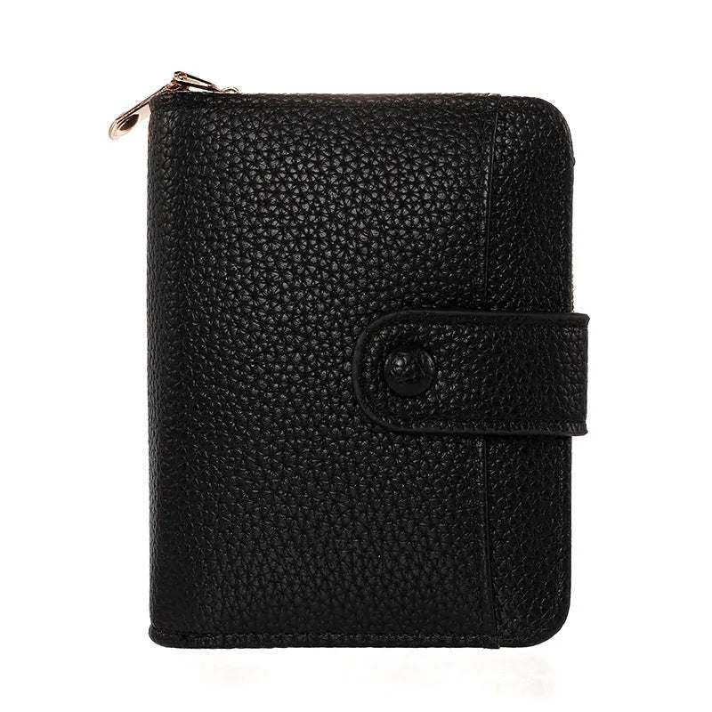 Women's solid colour short wallet with lychee pattern and sewing thread detail in multiple colours.