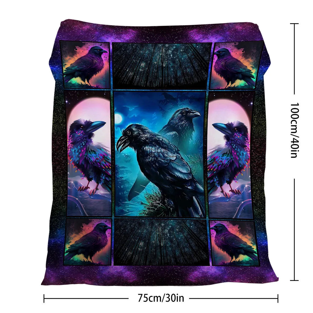 Multicoloured Raven print flannel blanket in 75x100cm, 130x150cm, and 150x200cm sizes with hemmed edges