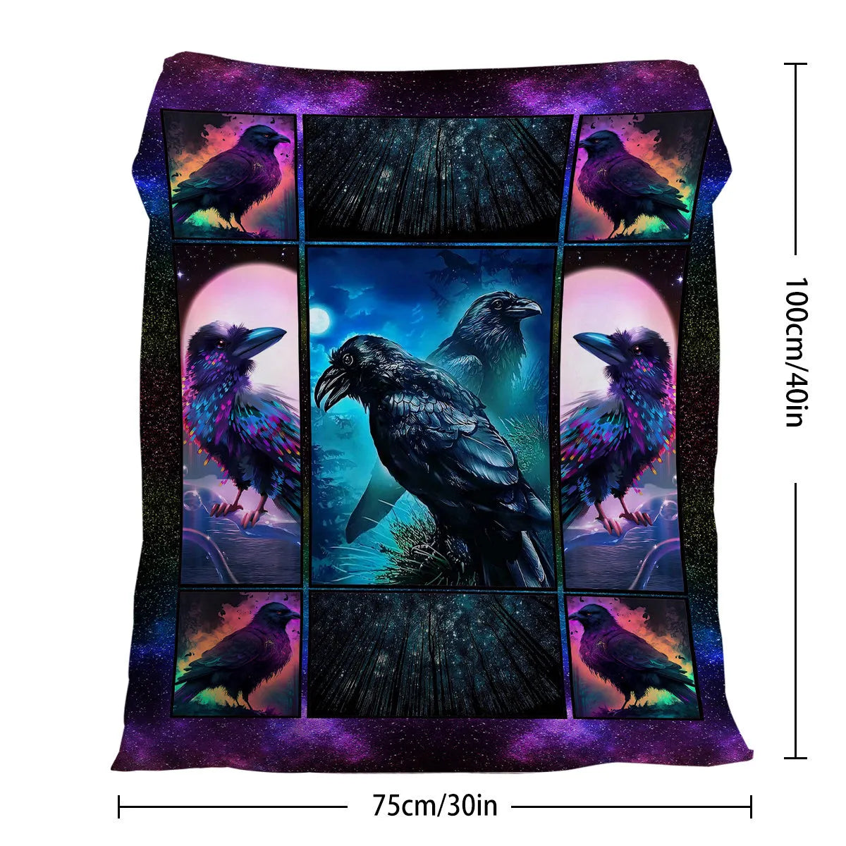 Multicoloured Raven print flannel blanket in 75x100cm, 130x150cm, and 150x200cm sizes with hemmed edges