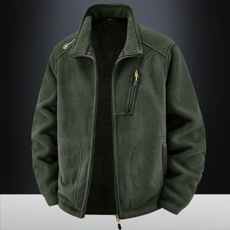 Men's warm padded jacket with polar fleece lining, loose casual cardigan style, available in six colours.