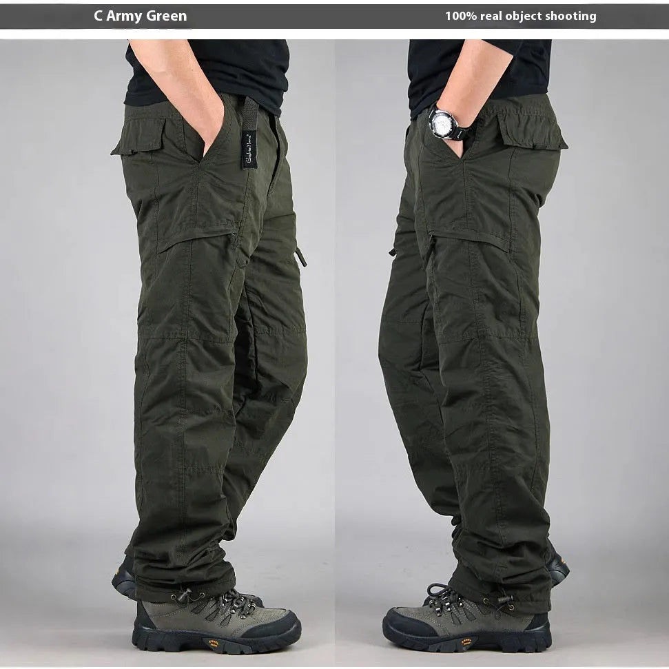 Men's cotton overalls with velvet lining in Army Green colour showing loose-fit straight-leg design