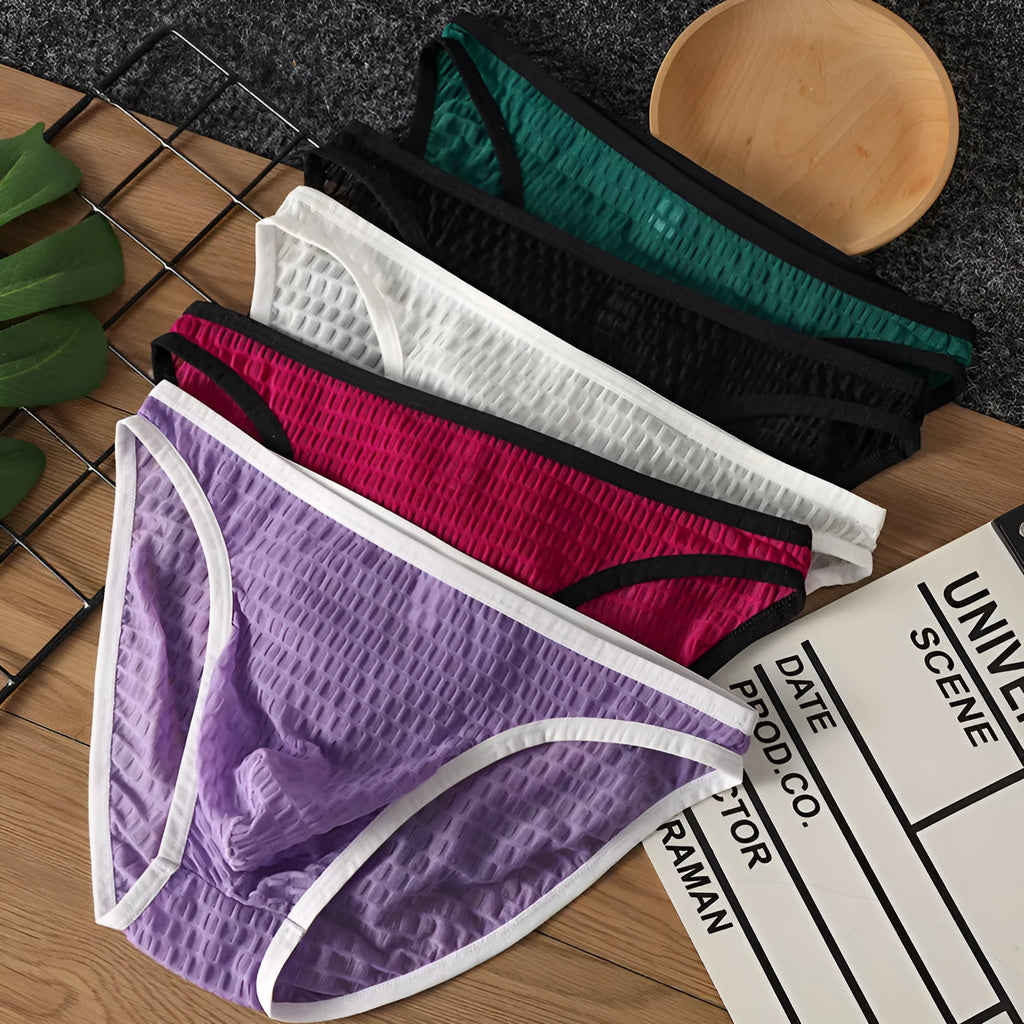 Men's low waist transparent lace underwear in solid colour on size chart