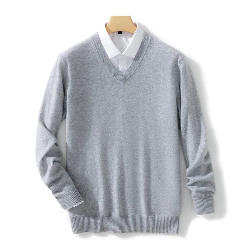 Men's plus size solid colour knitted pullover, dark grey woollen sweater with long sleeves