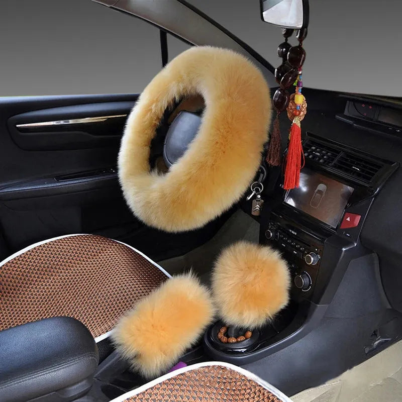 Wool blend steering wheel cover and matching handle covers in various colour options