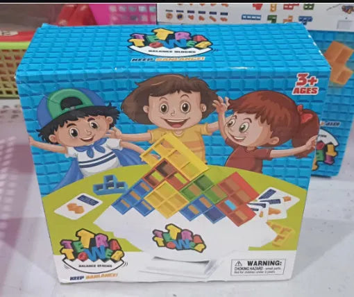 Plastic balance stacking game with 16 colourful blocks and chassis for family play