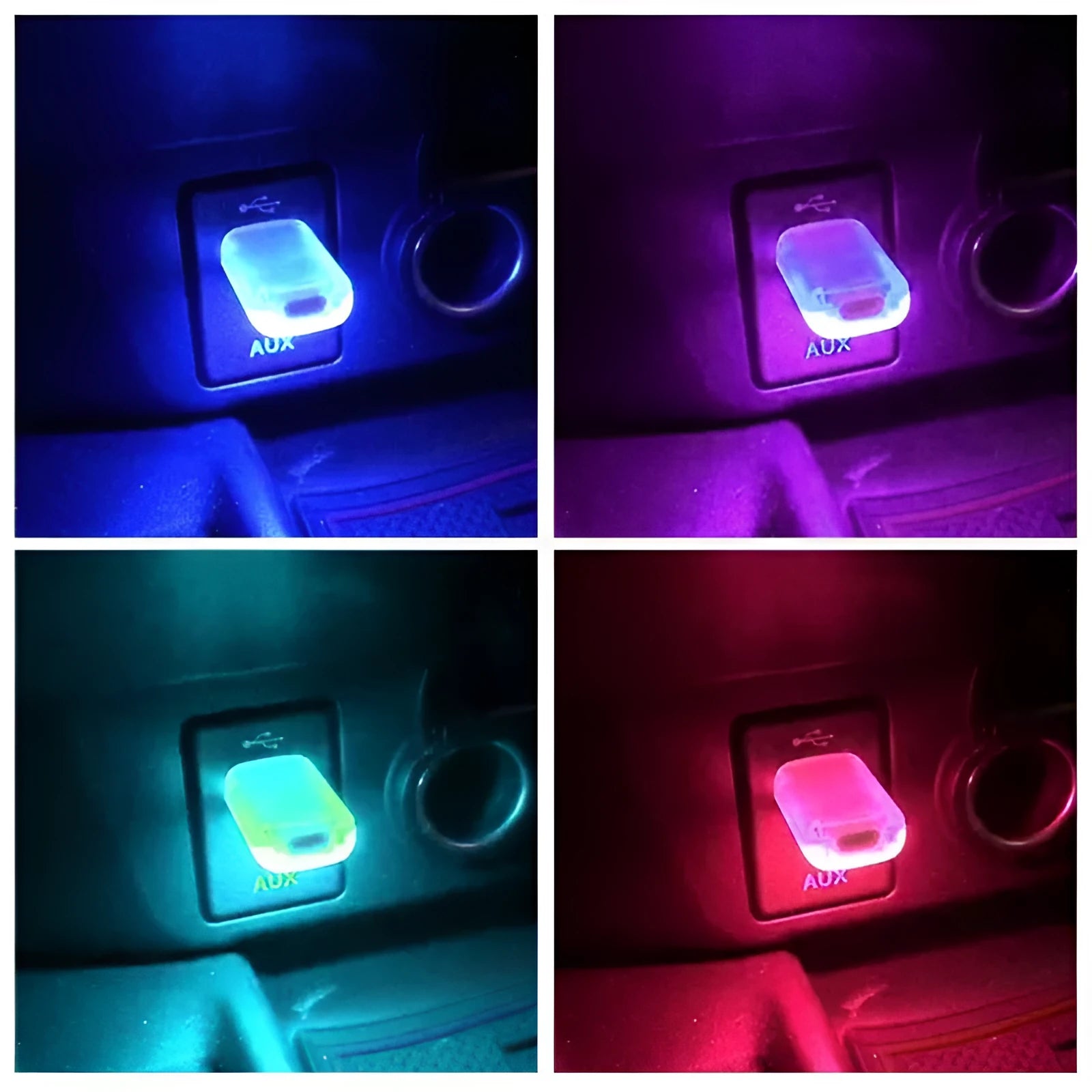 USB car night light with multiple colour modes for atmosphere, U-disk shape, flame-retardant ABS and metal construction