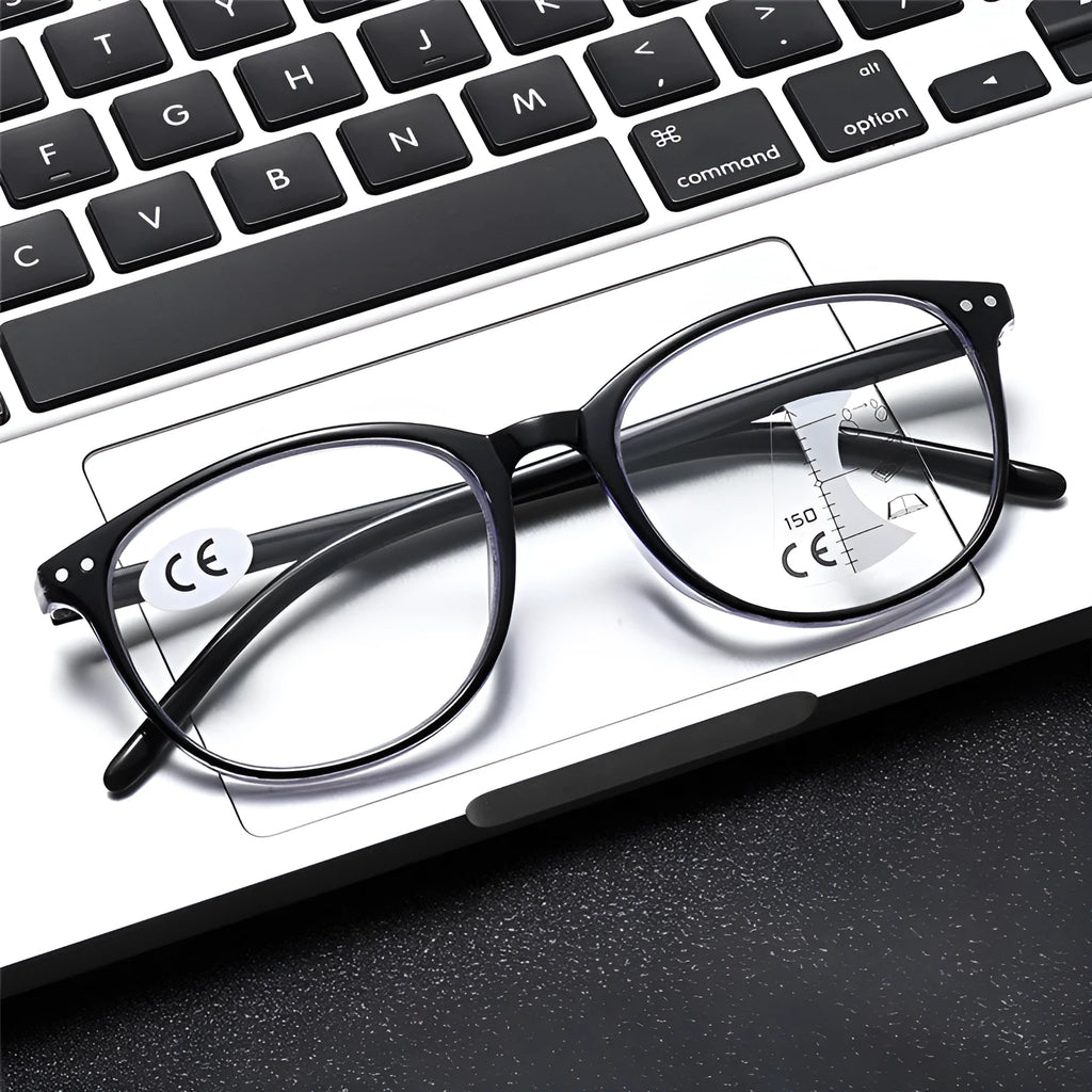 Women's multi-focus presbyopic glasses with lightweight frame in black and blue focus colour option