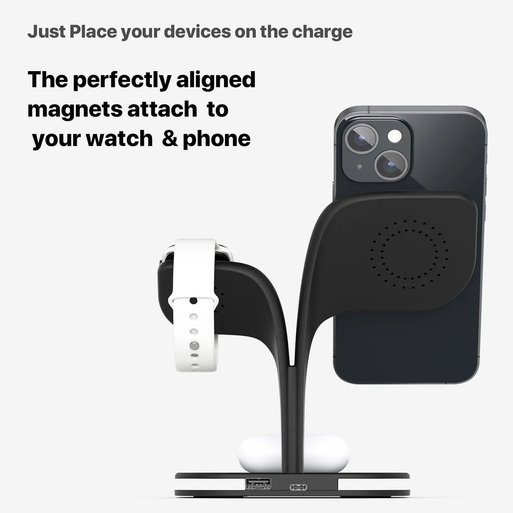 Black desktop wireless charging stand showing phone, watch and headphone charging simultaneously