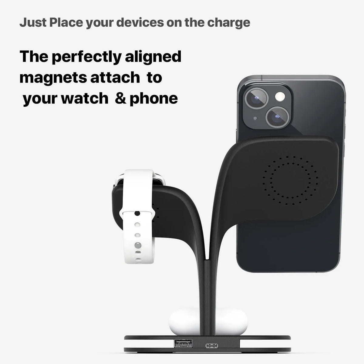 Black desktop wireless charging stand showing phone, watch and headphone charging simultaneously