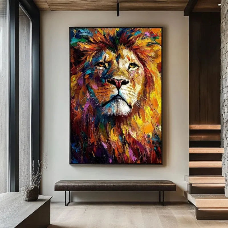 Hand painted colourful lion oil painting on canvas, modern abstract animal wall art, no frame, vertical orientation