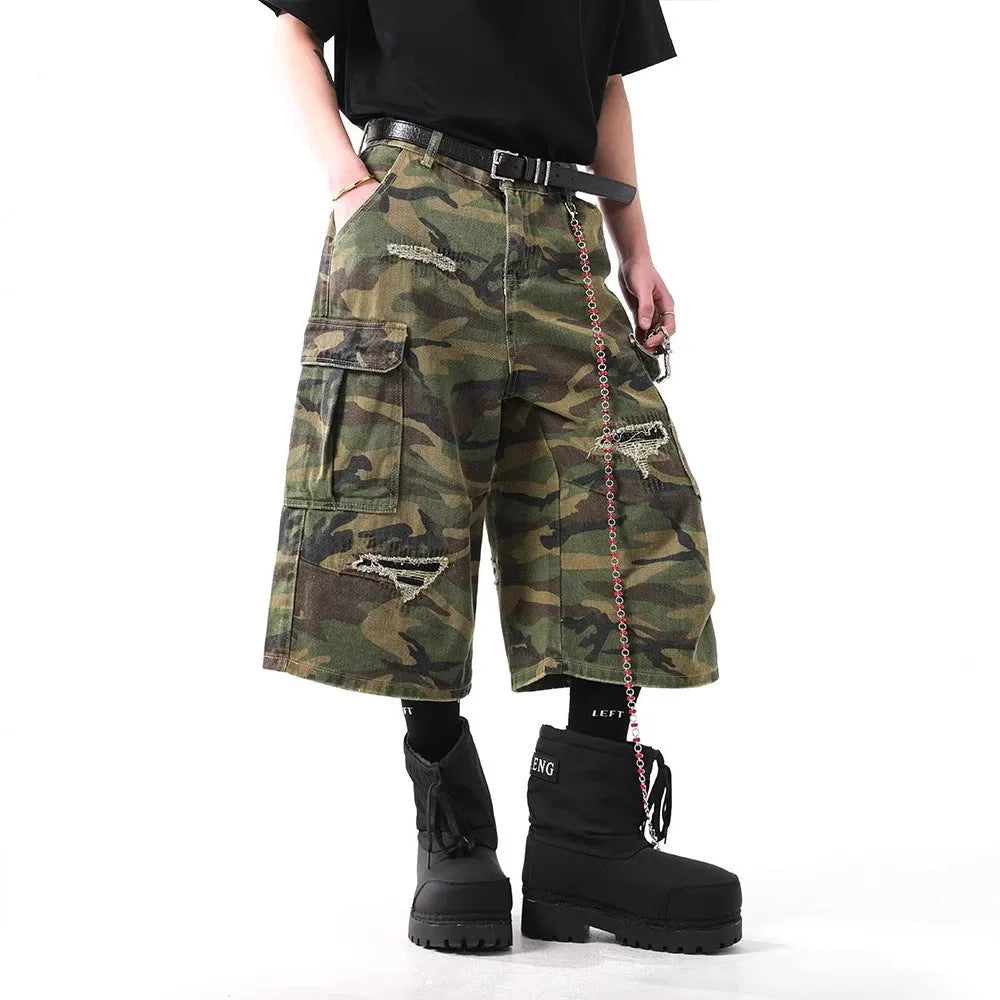 Retro camouflage cropped cotton denim trousers for men, straight-leg, mid-waist, available in sizes S to XXL.