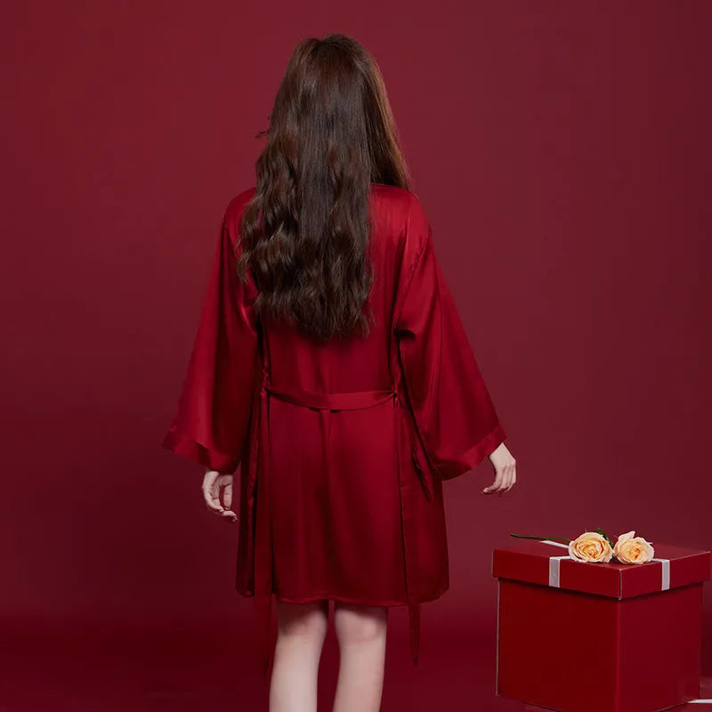 Red ice silk wedding dowry loungewear set for men and women with long sleeves and trousers