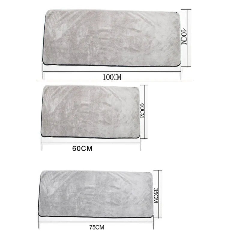 Microfibre car wash towel showing 75x35cm, 60x40cm and 100x40cm size options for vehicle cleaning