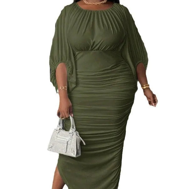 Army green long dress with round neck, raglan sleeves, and shirred bodice, plus size 1XL-5XL