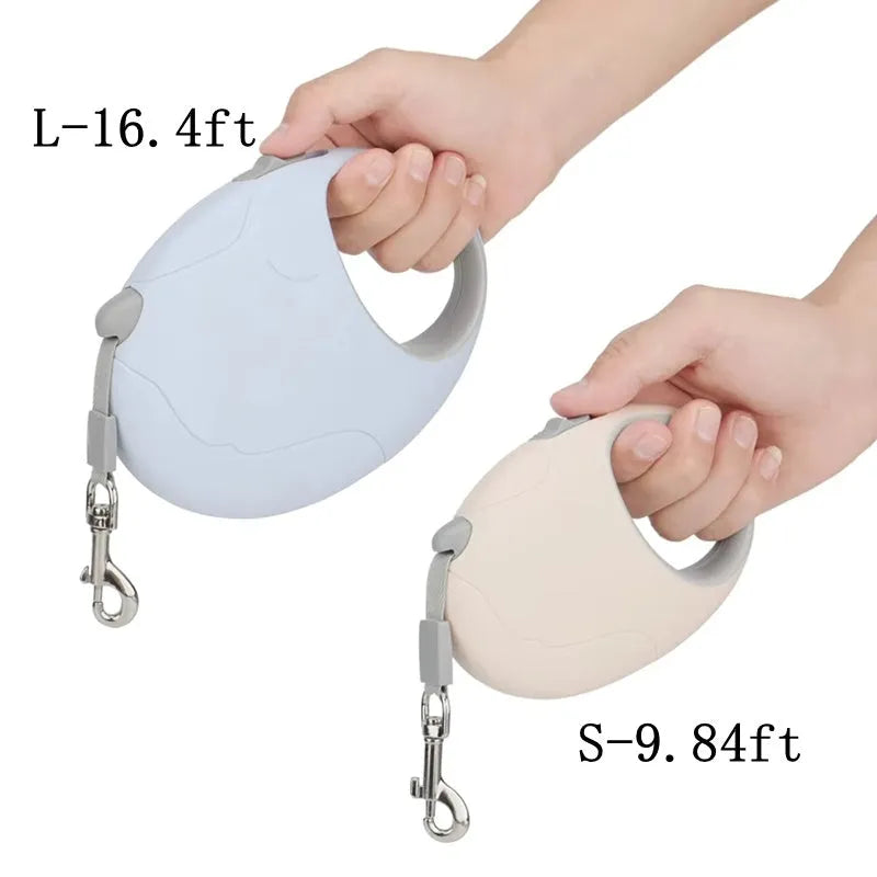 Retractable dog leash with nylon rope and plastic casing, in Blue, Pink, or White, sizes S and L.