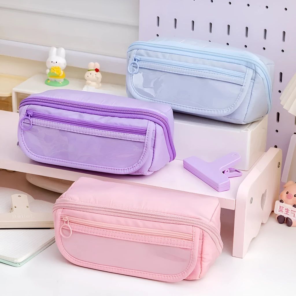 Korean-style ten-layer flip pencil case in canvas with multiple compartment storage