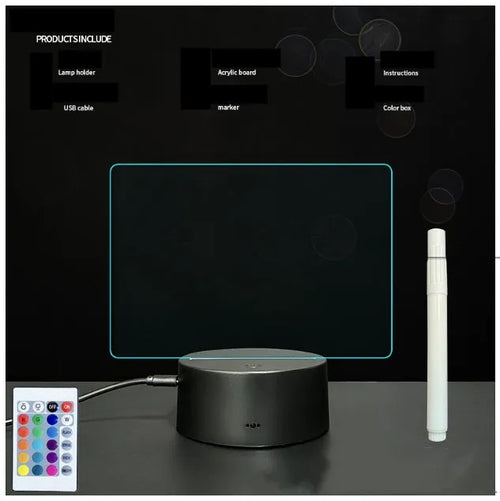 3D acrylic LED message board night light on a desk, showing illuminated surface and remote control